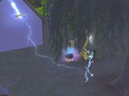 A Sim getting struck while using an evil kite in The Sims 2: Open for Business.