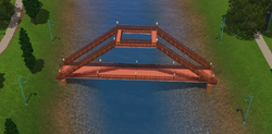 An example of a player-built Build Mode cross-river bridge in Riverview.