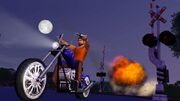 A Sim riding a motorbike.