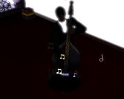 A Sim playing the bass in a black light