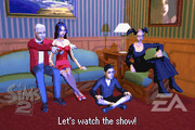 Mortimer watching television with his family. In order to make sense with The Sims canon, this scene would have to take place after the abduction, since all the family members grew older while Bella was gone.