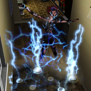 A Sim caught in an electricity trap.