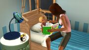 A female Sim reading book to a child Sim