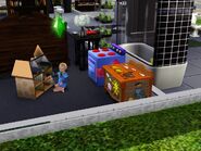 A toddler playing with a dollhouse