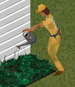 The Sims gardener watering a flowerbed.