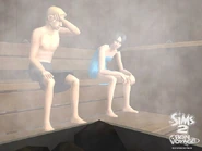 Two Sims using a sauna.