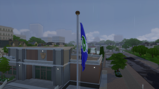 Flag displayed in front of the police station in The Sims 4, possible flag of SimNation or its state.