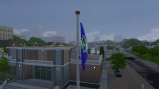 Флаг, отображаемый перед полицейским участком в The Sims 4, возможный флаг Симнации или его состояние