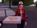 A Sim delivering a pizza.