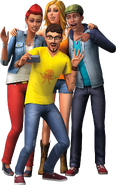 Ollie, Cassidy, Babs, and Andre taking a selfie on a render
