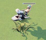 A sim brawling the Cowplant Monster in The Sims FreePlay.