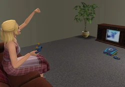 Un Sim remplissant ses besoins en jouant à un jeu vidéo