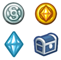 The icon for Simoleons (top left) in The Sims Social.