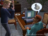 A promotional image for The Sims 2 of Circe on a computer in the kitchen