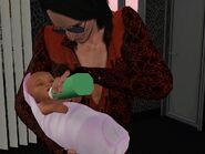 A male Sim feeding a baby girl