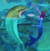 Mermaid feeding a dolphin.