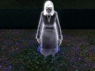 Charity in front of her gravestone