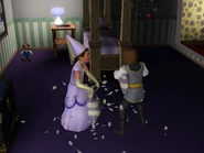 Two children pillow fighting wearing the Prince and Princess outfits from the dressing up box