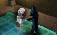 A Sim who died of the Mummy's Curse shakes hands with the Grim Reaper