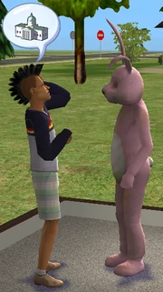 A Sim having a conversation with his Social Bunny