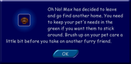 Unleashed Runaway Message.png (15 KB) The message that appears if a playable pet joins the strays.