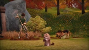 A sim treasure hunting with his dogs