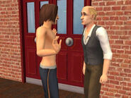 A Sim interacting with Nicholas Landchild.