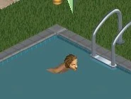A Sim using the pool in The Sims.