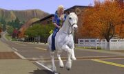 A sim riding horse as a form of transportation