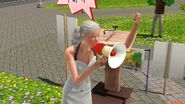 A Sim using the megaphone at a protest.