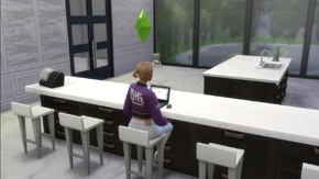 A sim using a laptop in The Sims 4.
