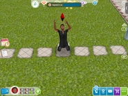 A Sim in The Sims FreePlay with a red Plumbob.