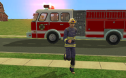 A firefighter with blue uniform answering a call in The Sims 2.