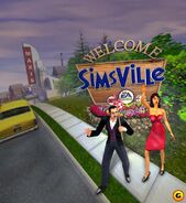 Elvira y Homero afuera del cartel de bienvenida de Simsville