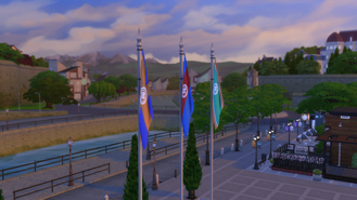 Flags displayed in Windenburg's Lykke Centre, possible flags of SimNation or some of its states. Can also be flags of a completely different country, as Windenburg is set in a European setting.