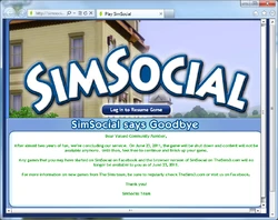 A notice to SimSocial users that SimSocial will be shut down.
