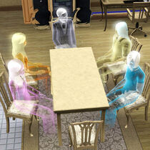 Ghosts sitting around a table in The Sims 3 - August 2010