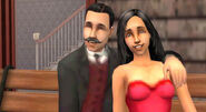 Mortimer and Bella Goth recreated in The Sims 2, sitting in front of a recreation of their house at 5 Sim Lane in Neighborhood 1