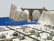 The default long bridge in the Sims 2 era, here seen in Pleasantview during mid-winter.
