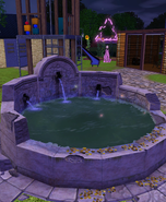 Four tiny Tree of Prosperity fireflies near the well.