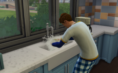 Sim cleaning the dishes