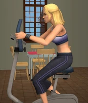 A Sim training the body skill on an exercise bike.