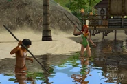 Sims fishing with a spear