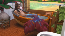 A mermaid's tail appears while taking a bath.