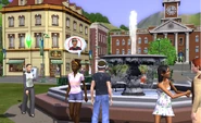 Various Sims talking and walking by the Central Park fountain, including a possibly beta Plumbob.