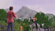 A Sim riding a horse.