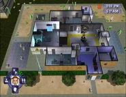 An overhead view of Shiny Things Labs from the Sims Bustin' Out (console).