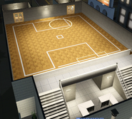 Some kind of indoor field in Bar-Bell's Gym, Roaring Heights. Would need heavy modifications to fit two soccer goals, and is only 1 floor tall. (15x15)