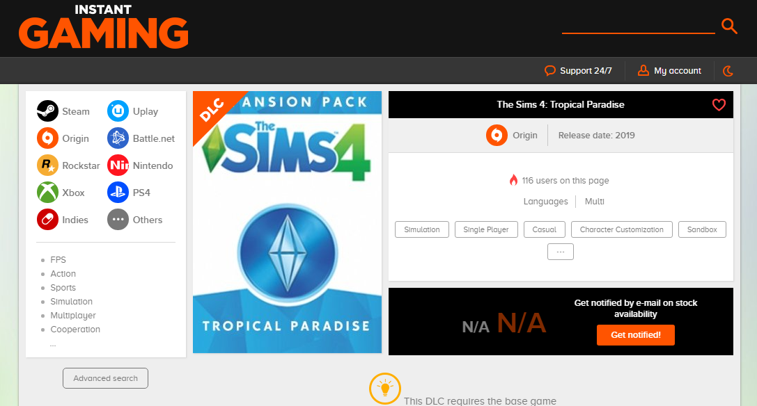 I want to buy a sims 3 a pack for steam through instant gaming