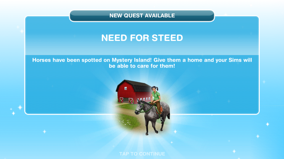 The Sims FreePlay is so cute (to unlock horses complete need for steed  quest)
